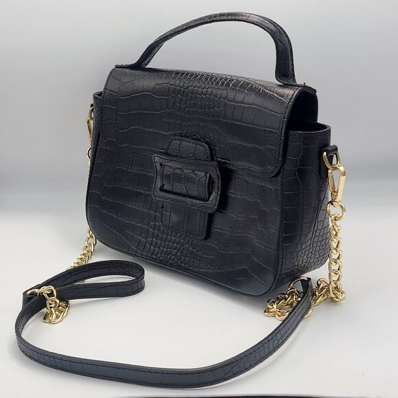 Black Croc Embossed Genuine Leather Crossbody Bag with Gold Chain Strap & Buckle - Picture 2 of 15